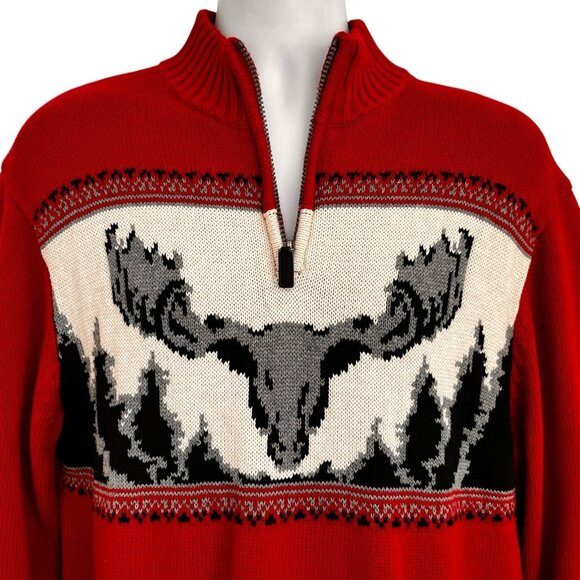 Chaps Ralph Lauren Men 1/4 Zip Moose Sweater Mock Neck Red Black L Cabincore - Picture 6 of 14